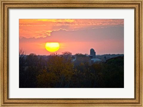 Framed Trees and farm sunset, Wisconsin, USA Print