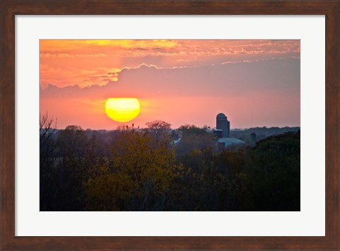 Framed Trees and farm sunset, Wisconsin, USA Print