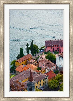 Framed High angle view of buildings in a town at the lakeside, Varenna, Lake Como, Lombardy, Italy Print