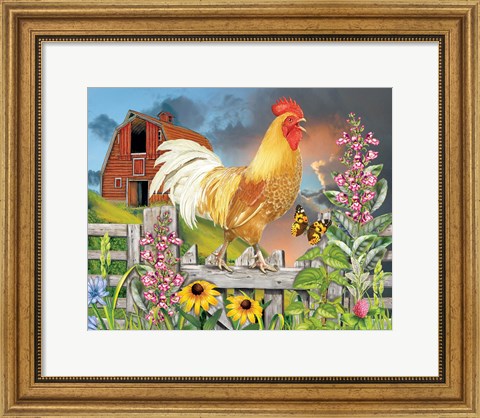 Framed Yellow Rooster Greeting The Day Print