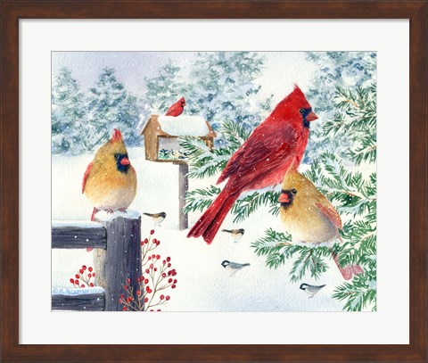 Framed Cardinals In Snow Flurry Print