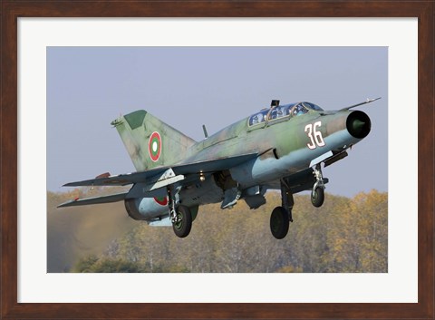 Framed Bulgarian Air Force MiG-21UM jet fighter taking off Print