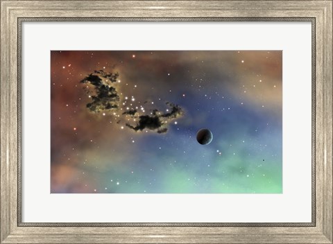 Framed lonely planet is lit by two stars as it passes by a dark cloud of dust Print