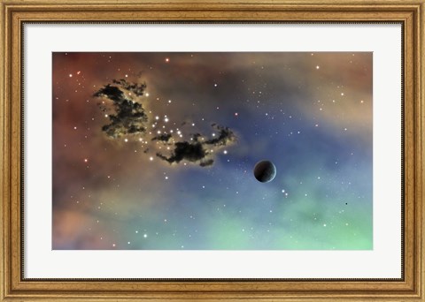 Framed lonely planet is lit by two stars as it passes by a dark cloud of dust Print