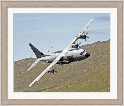 Framed C-130J Super Hercules low flying over North Wales on a training flight Print