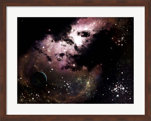 Framed cluster of bright young stars tear away clouds of gas and dust Print
