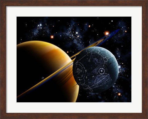 Framed Two artificial moons travelling around a gas giant devouring the natural moons Print