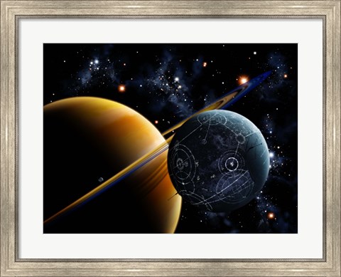 Framed Two artificial moons travelling around a gas giant devouring the natural moons Print