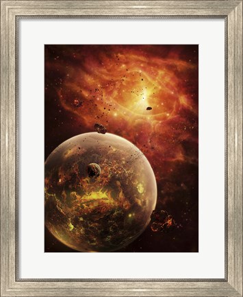 Framed eye-shaped nebula and ring of glowing debris around a planetary system Print