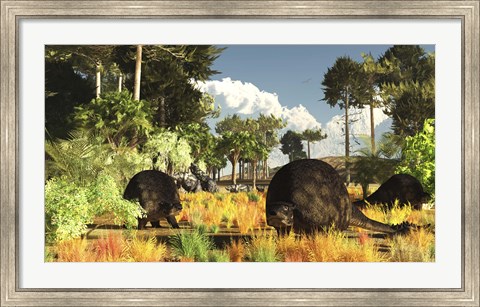 Framed Prehistoric glyptodonts graze on grassy plains Print