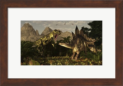 Framed large carnivorous Torvosaurus preying on a Stegosaurus Print