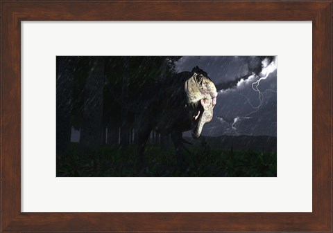 Framed Acrocanthosaurus dinosaur on a stormy night Print