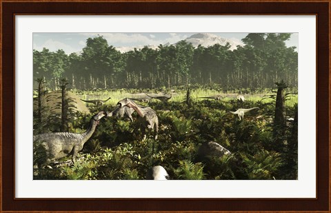 Framed Lurdusaurus and Nigersaurus dinosaurs grazing a prehistoric forest Print
