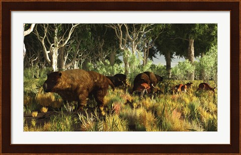 Framed Diprotodon on the edge of a Eucalyptus forest with some early kangaroos Print