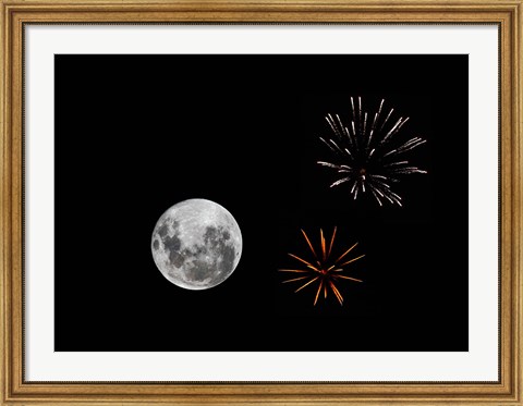 Framed composite image with fireworks and a new Moon Print