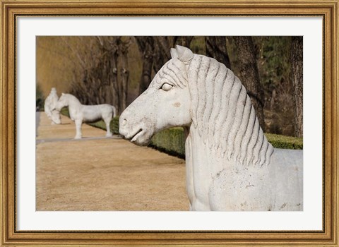 Framed Carved horse statues, Changling Sacred Was, Beijing, China Print