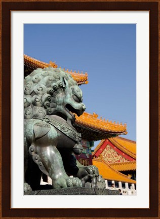Framed Bronze mythological lion statue, Forbidden City, Beijing, China Print