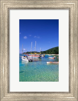 Framed Boats, beach, La Digue, Seychelle Islands Print