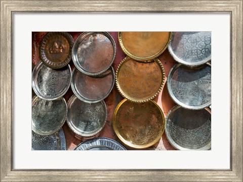 Framed Brass plates for sale in the Souk, Marrakech (Marrakesh), Morocco, North Africa Print