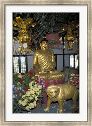 Framed Gold Tiger and Bhuddha Sculpture at the Golden Temple, China Print