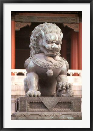 Framed China, Beijing, Forbidden City. Bronze lion statue Print