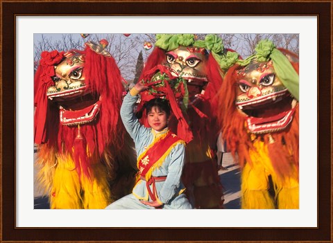 Framed Girl Playing Lion Dance for Chinese New Year, Beijing, China Print