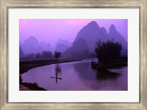 Framed Aerial Scenic of the Fishermen and Limestone Mountains, Gulin, China Print