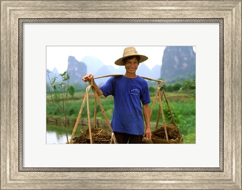 Framed Colorful Portrait of Rice Farmer in Yangshou, China Print