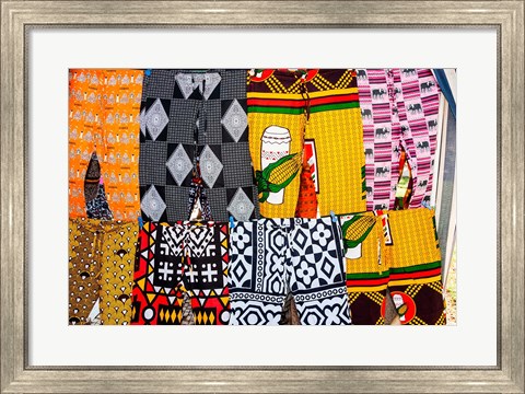 Framed Africa, Angola, Benguela. Bright colored pants for sale at local shop. Print