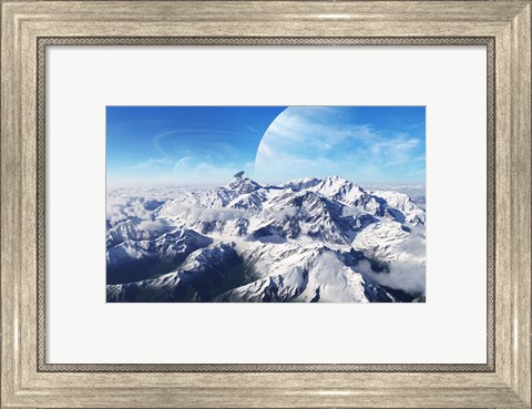 Framed gas giant rises in the distance over a massive slumbering volcano Print