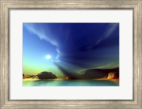 Framed Rays from the sun shine down on this colorful seascape Print