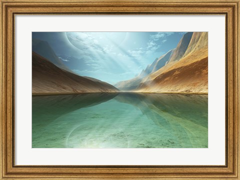 Framed beautiful river reflects light rays coming down from the sky Print