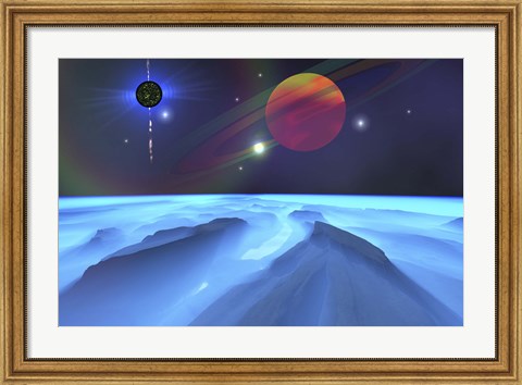 Framed Blue Fog and Mountains on Alien Planet Print