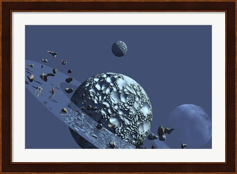 Framed ringed rocky planet has many asteroids in orbit Print