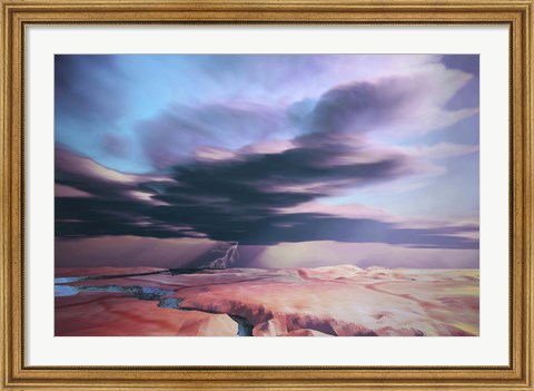 Framed swift moving thunderstorm moves over a desert landscape Print