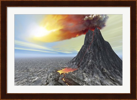 Framed volcano bursts forth with hot lava and billowing smoke Print