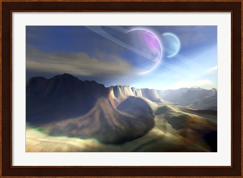 Framed Mountainous landscape on a futuristic world with two beautiful moons Print
