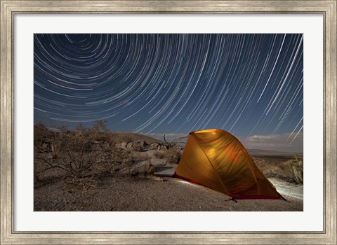 Framed Star trails above a campsite in Anza Borrego Desert State Park, California Print