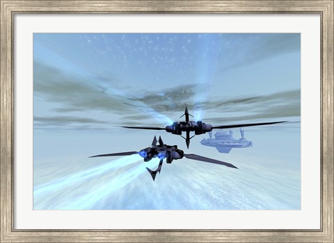 Framed Two spacecraft fly back to their space station out in the cosmos Print