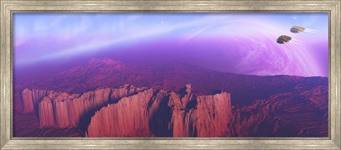 Framed Two spacecraft fly over a mountain range Print