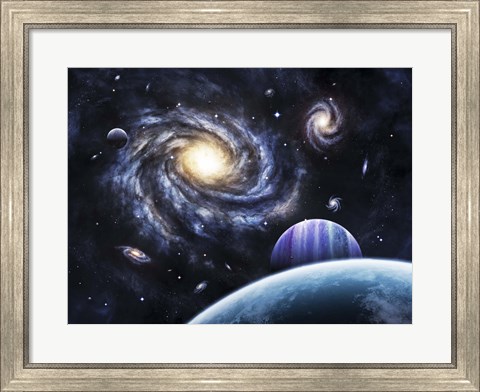 Framed view to a nearby galaxy from a gas giant and it&#39;s system of moons Print