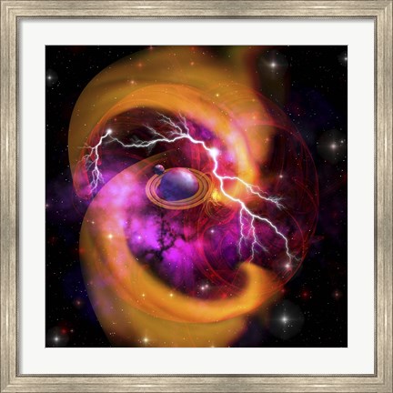 Framed Evolution of planet building with surrounding cosmic dust and electrical charges Print