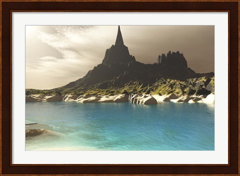 Framed mountain spire overlooking the turquoise waters of a sea inlet Print