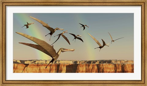 Framed flock of Pterodactyls fly out of a canyon Print