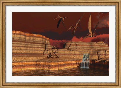 Framed Pteranodon dinosaurs in a prehistoric landscape Print
