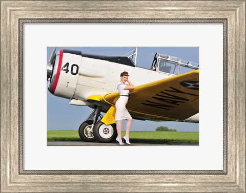 Framed 1940&#39;s style Navy pin-up girl leaning on the wing of a T-6 Texan Print