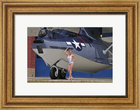 Framed pin-up girl posing with a Catalina seaplane Print