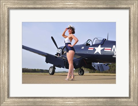 Framed 1940&#39;s Navy pin-up girl posing with a vintage Corsair aircraft Print