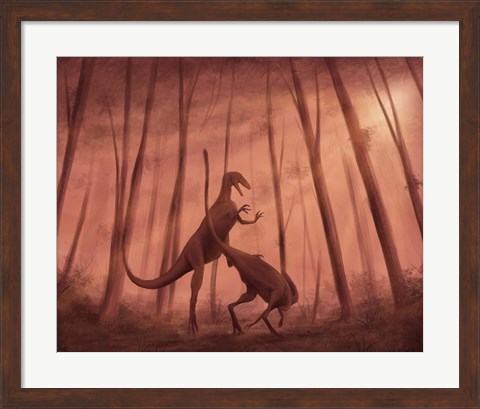 Framed Two Bicentenaria argentina dinosaurs fighting in the woods Print