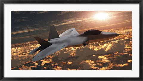 Framed F-22 fighter jet flies at an altitude above the cloud layer on its mission Print